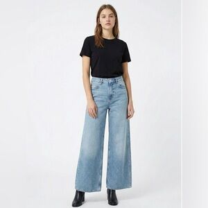 ZARA 100% Cotton High Rise Wide Leg 5 Pocket Jeans in Mid Blue US Sz 0